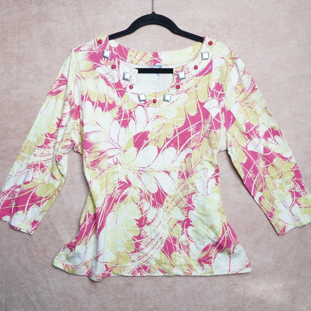 Vintage Embellished Floral Top Pink Yellow L
